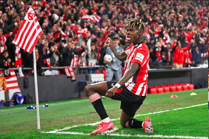 Selebrasi Nico Williams dalam laga Liga Europa antara Athletic Bilbao vs AS Roma, Jumat (14/3/2025). (c) AP Photo/Miguel Oses